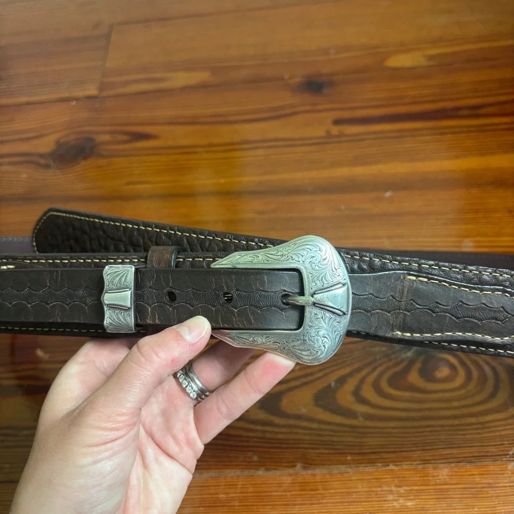 Schaefer Outfitter Western Bison Leather Ranger Belt Size 46 Brown Silver